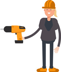 Woman Engineer Character Using Drill Tool Illustration
