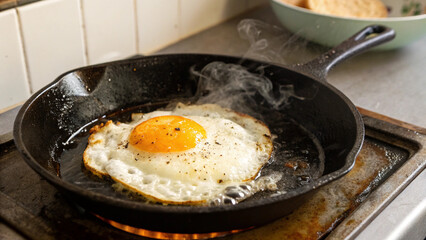 A sunny fried egg cooking in cast-iron skillet with rising steam, rustic food styling for breakfast inspiration.