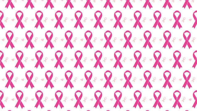 Breast cancer awareness seamless pattern with a variety of pink ribbons and hearts