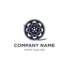 Film reel logo design with company name and tagline on a white background.