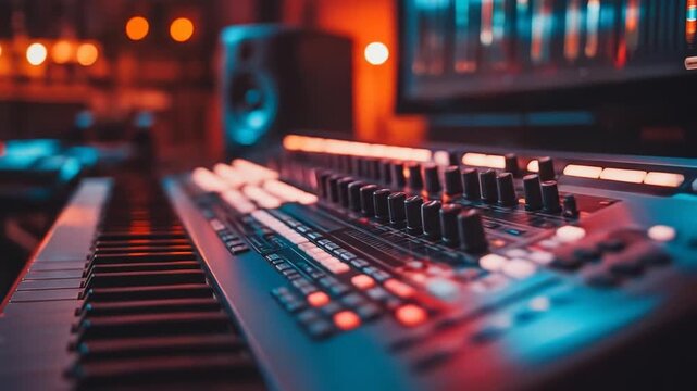 Close-up of a professional music production studio setup.  Keys and sound control panel are in focus, with a blurred background of a recording environment