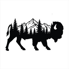 Majestic bison silhouette filled with mountain landscape and pine forest nature scene © Mohon