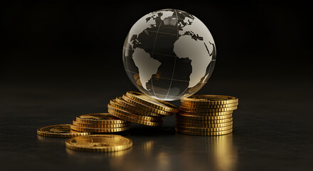 A symbolic representation of global economic fragility, showing a glass globe balanced on coins, photographed close-up with bright lighting and reflections.