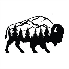Majestic bison silhouette featuring mountain and pine forest landscape inside