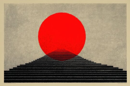 Abstract geometric artwork featuring bold lines and a striking red circle