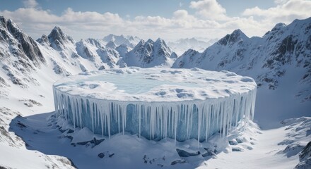 Majestic Frozen Lake Surrounded by Snow Covered Mountains Landscape