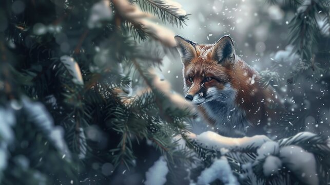 Red fox in snowy forest
