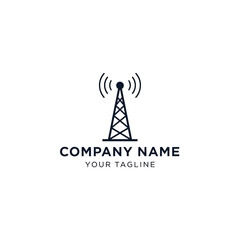 Simple black and white logo featuring a communication tower with radiating signal waves.