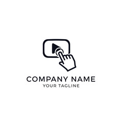Play button with hand pointing, logo design for company.
