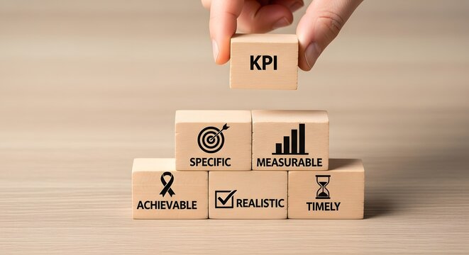 Hand stacking wooden blocks with kpi acronym and smart criteria for business goals and objectives