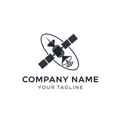 Black and white logo featuring a satellite with solar panels, an antenna, and an elliptical orbit, representing a company.