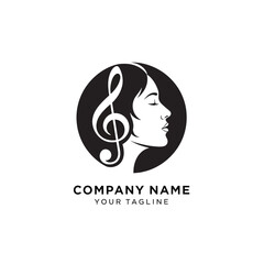 Logo design featuring a woman's profile and a treble clef within a circle.