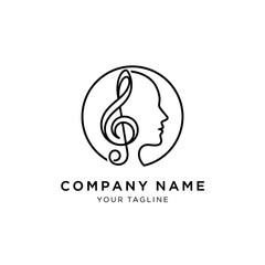 Monoline logo design combining a human head profile with a treble clef, symbolizing the connection between music and the mind.