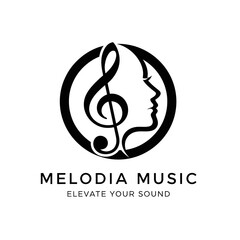 Fototapeta premium Melodia Music logo with a treble clef and a woman's profile inside a circle.