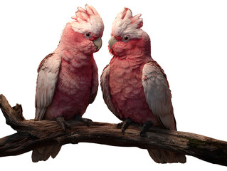 Naklejka premium Two pink galah cockatoos perched on a wooden branch, facing each other, realistic 3D render, isolated on transparent background PNG