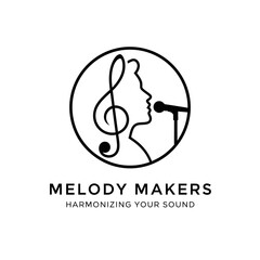 Black and white logo for Melody Makers, featuring a treble clef merging into a singer's silhouette with a microphone, symbolizing music and vocal harmony.