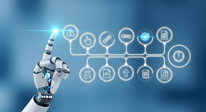 Robotic hand interacting with a flowchart of icons representing automation and workflow processes on a blue background