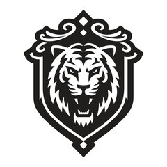 Head of an aggressive tiger in a heraldic shield concept logo graphic design. Monochrome black and white colors. Minimalist graphic design style. Created with artificial intelligence.	