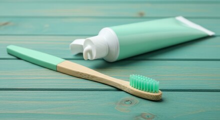 Eco-friendly bamboo toothbrush and mint toothpaste tube on a teal wooden surface, promoting sustainable dental care.