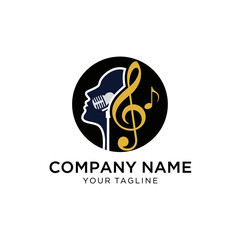 Logo design featuring a profile with a microphone and musical notes.