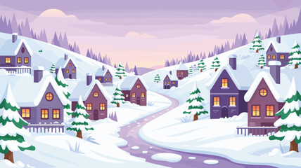 Fototapeta premium Snowy Village Cartoon Scene Winter Landscape Illustration