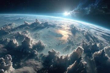 A view of the sun shining through the clouds over the earth