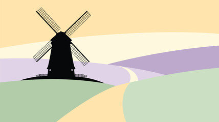 Obraz premium Windmill Silhouette Rural Landscape Vector Illustration
