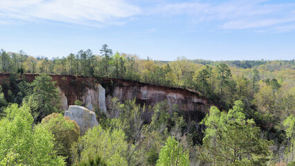 Scenic daytime view of the colorful eroded gullies and lush green forest of Providence Canyon State Park, known as Georgia's "Little Grand Canyon," in Georgia, USA