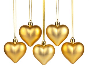 Five golden heart ornaments hanging