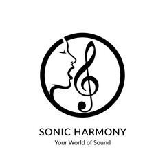 A black and white circular logo featuring a profile silhouette of a woman's face with a treble clef integrated into her open mouth, symbolizing music and sound.