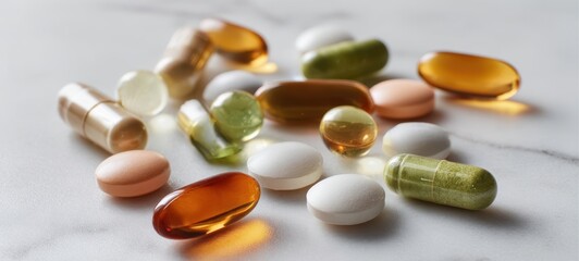 The Pills and Capsules Assortment on a Clean White Marble Surface for Wellness