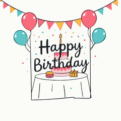 Birthday cake with balloons and bunting celebration