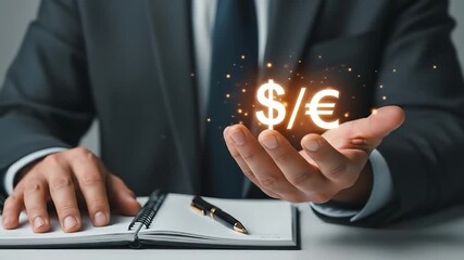 Businessman displaying dollar and euro currency symbols - Powered by Adobe