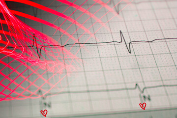 Heartbeat medical graph with neon red grid and love symbols.