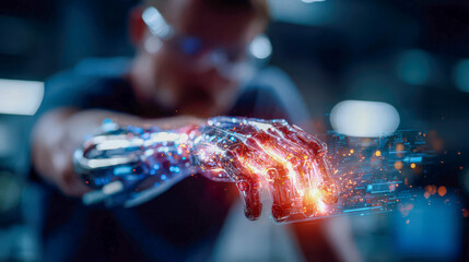 A man with a realistic, advanced bionic arm using a holographic screen, showcasing high-tech prosthetics, cyborg concepts, and the integration of technology with the human body