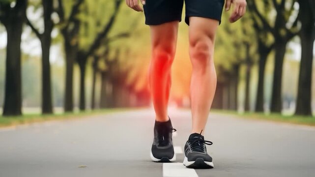 Runner's Legs with Highlighted Knee Pain on a Tree- Lined Path