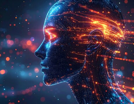 Digital woman profile, glowing lines