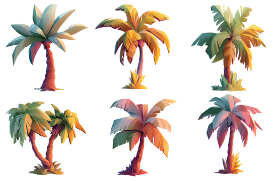 3d cartoon, multiple palm tree icon set on a white background with margins, soft light colors, warm color grading, isolated on a transparent png