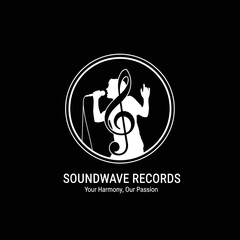 A white circular logo for Soundwave Records featuring a singer's silhouette and a treble clef on a black background, with text below.