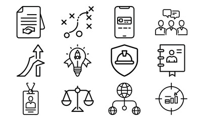 Business Line Icons Collection – Finance, Communication, Analytics, Growth, Partnership, Planning, Certification, Money Investment, and Office Management Vector Set