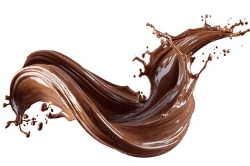 A swirling cascade of glossy rich chocolate is suspended in midair against a bright white background