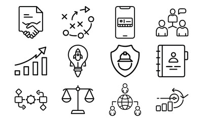 Business Line Icons Collection – Finance, Communication, Analytics, Growth, Partnership, Planning, Certification, Money Investment, and Office Management Vector Set