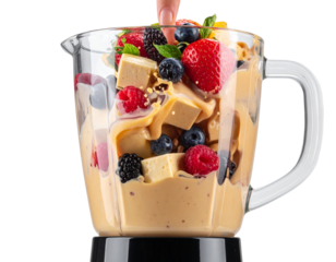 Hand Blending Tofu and Fruit for a Smoothie, Dynamic Action Shot, Isolated