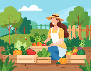 A happy woman tending to her vegetable garden, with a variety of colorful vegetables in wooden crates, representing hobbies, gardening, farming, and a healthy lifestyle.
