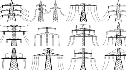 Set of 12 electricity transmission tower designs with power lines, vector icons for energy infrastructure, utility planning, engineering diagrams, and industrial applications.
