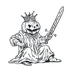 Sketch of a crowned pumpkin-head figure holding a sword.