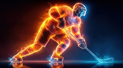 A striking image of an energetic hockey player, exuding a vibrant, fiery aura in a dynamic pose.