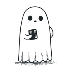 Simple cartoon ghost holding a small rectangular mobile phone.