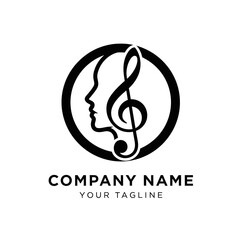 Black and white logo featuring a treble clef integrated with a human face profile inside a circular frame, symbolizing music and voice for a company.