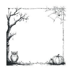 Sketchy black and white border with an owl, tree, and cobweb.